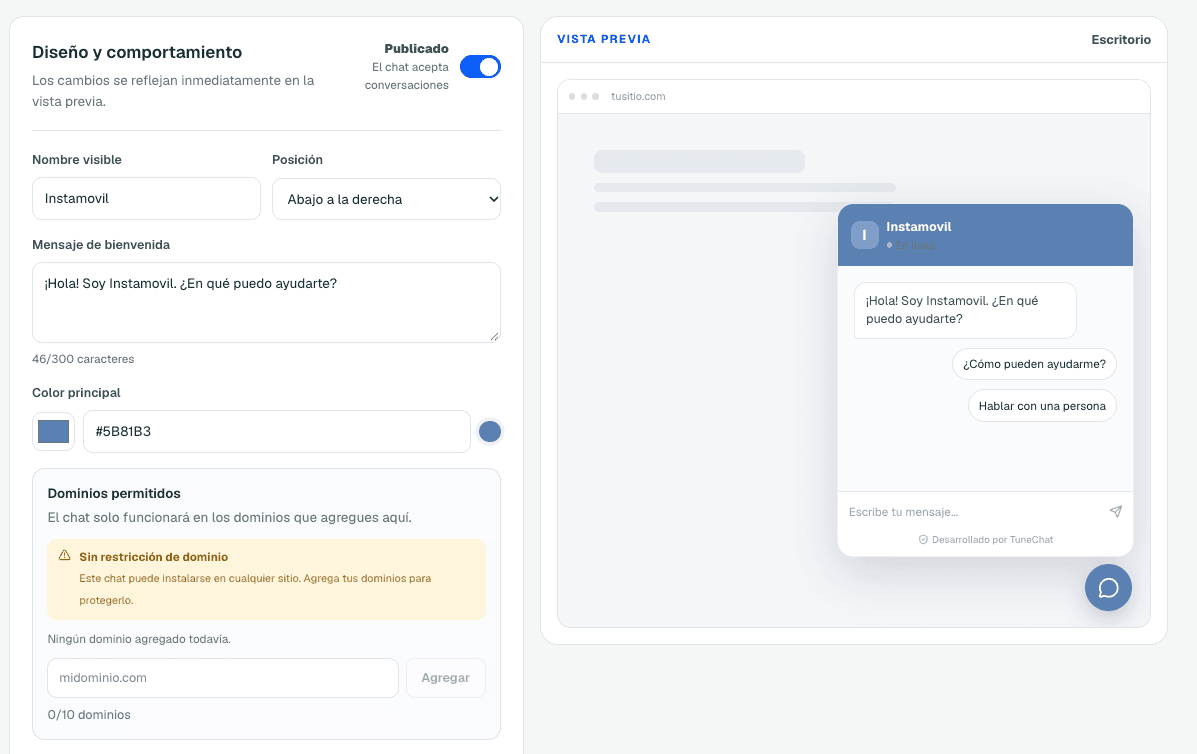 Pantalla del chat web con el diseño a la izquierda y la vista previa del chat a la derecha