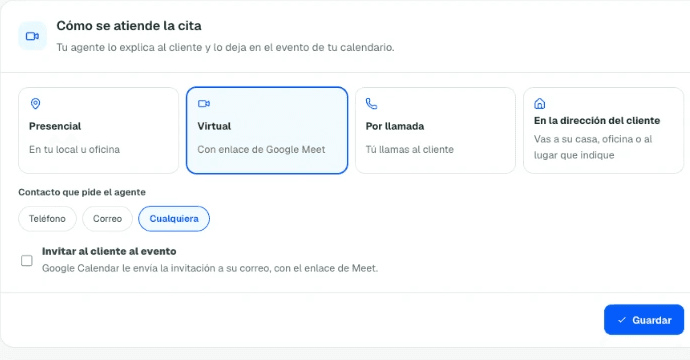 Tarjeta “Cómo se atiende la cita” con las opciones Presencial, Virtual, Por llamada y En la dirección del cliente